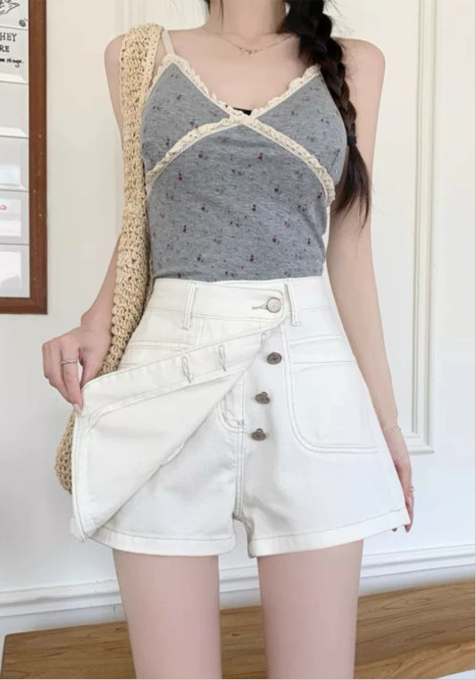 사선 버튼 데님 반바지