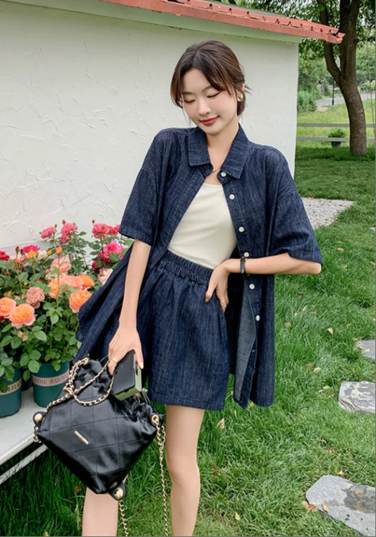 크롭 데님 자켓+쇼츠 세트업