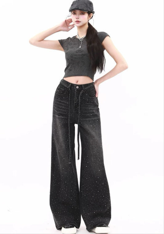 블랙 큐빅 데님 팬츠