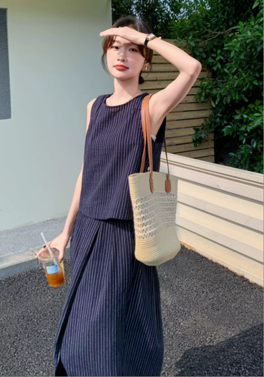 스트라이프 민소매 세트업