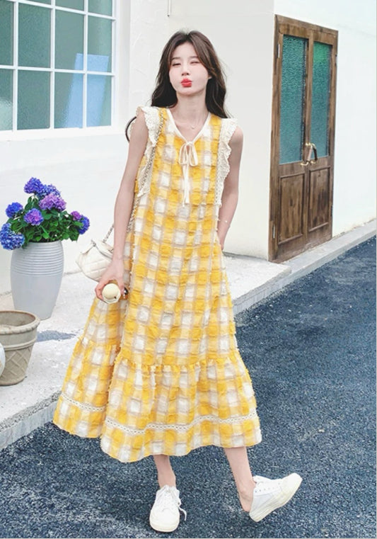 옐로 체크 베스트 원피스
