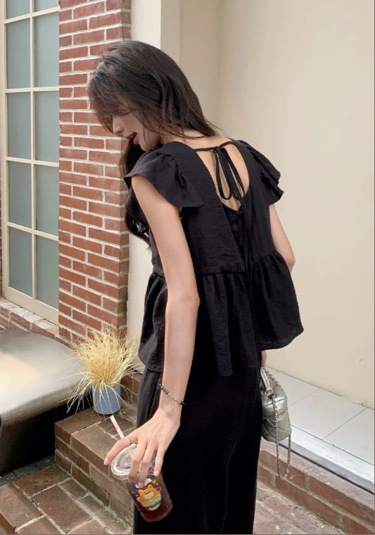 블랙 러플 소매 세트업