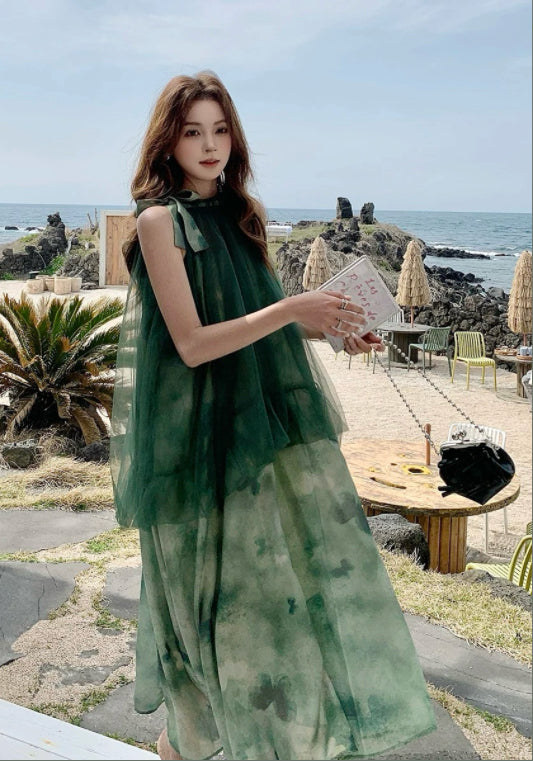 그린 메쉬 배색 스커트