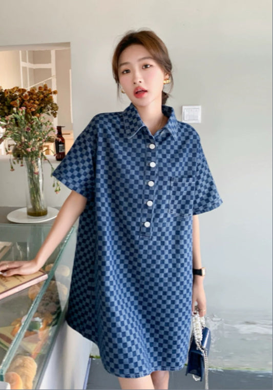 블루 체크 데님 스커트