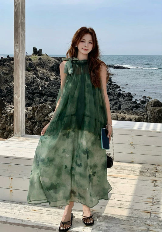 그린 메쉬 배색 스커트