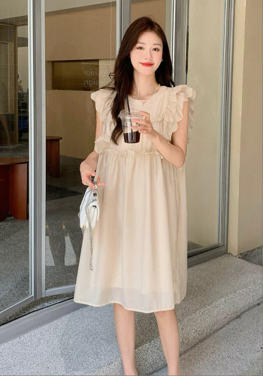 아이보리 텐셀 러플 소매 원피스