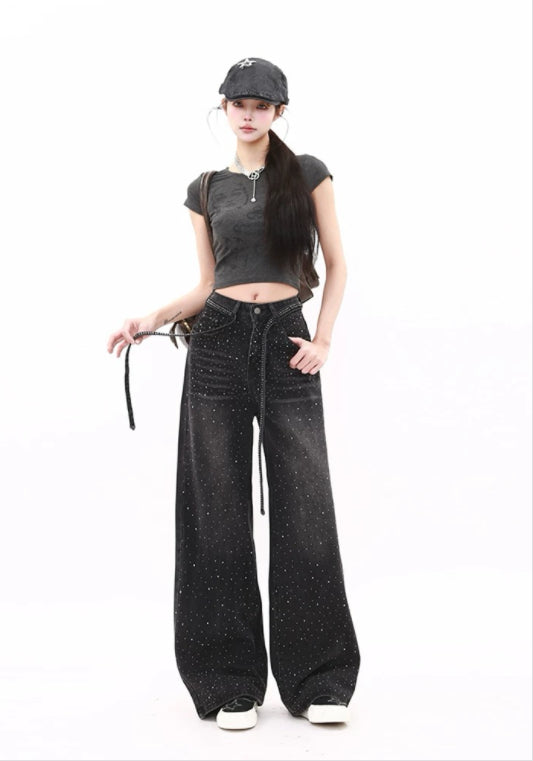 블랙 큐빅 데님 팬츠