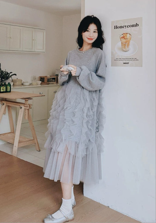 메쉬 배색 맨투맨 원피스