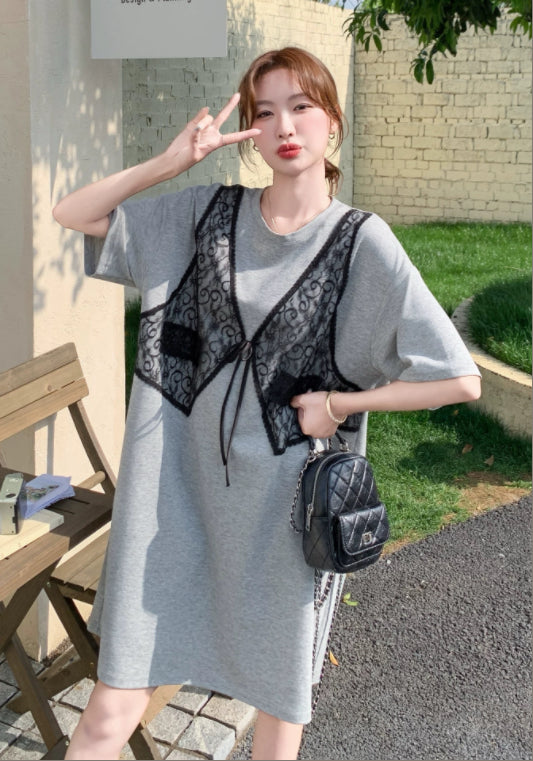 회색 레이스 배색 원피스