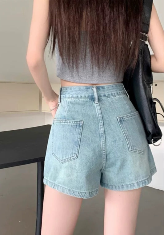 사선 버튼 데님 반바지