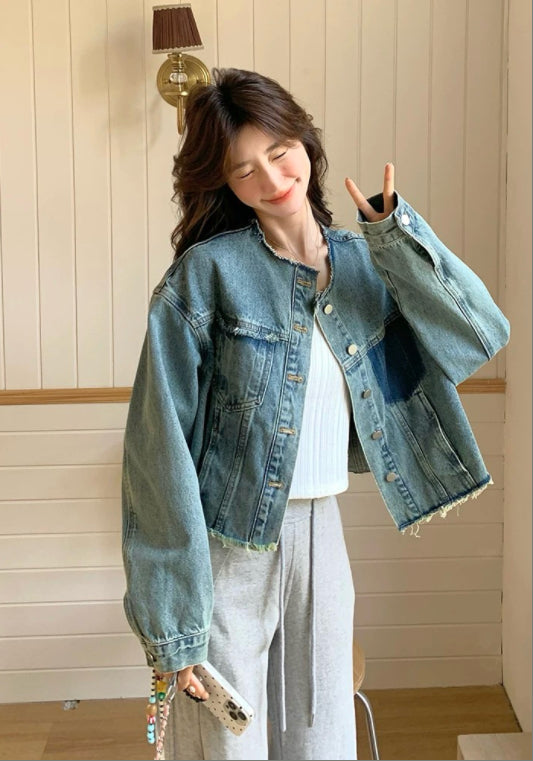 배색 데님 자켓
