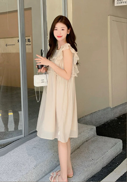 아이보리 텐셀 러플 소매 원피스