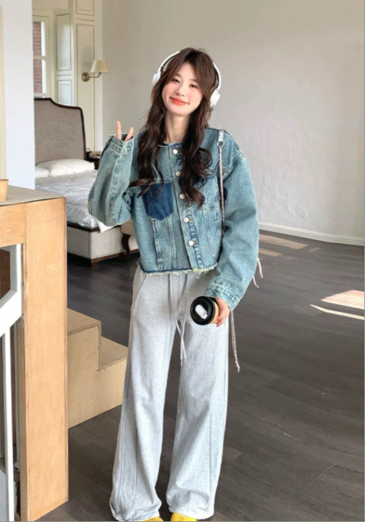 배색 데님 자켓
