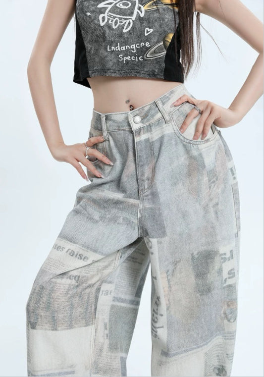 아메리칸 신문 프린트 팬츠