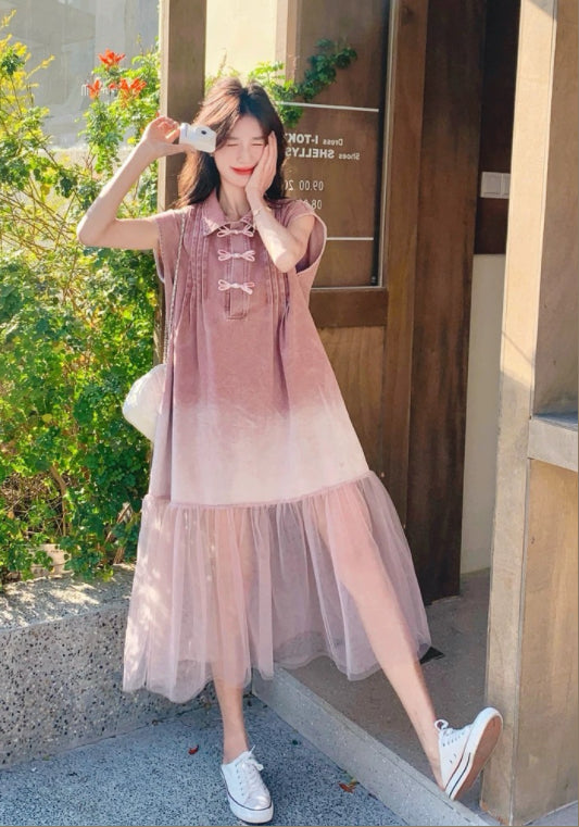 핑크 데님 메쉬 스커트