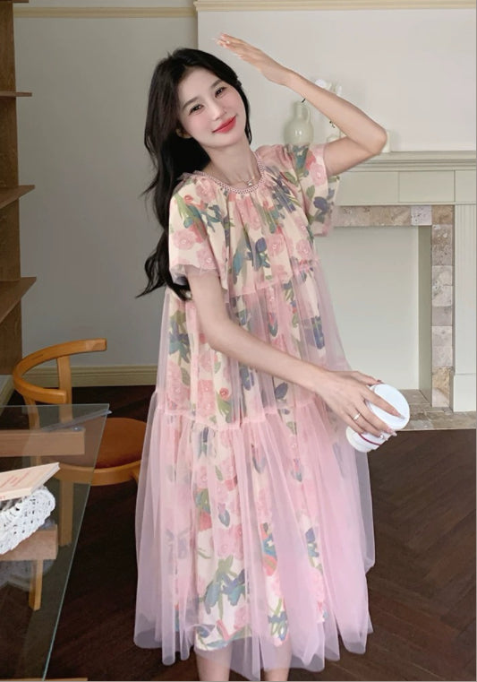 메쉬 플라워 패턴 원피스