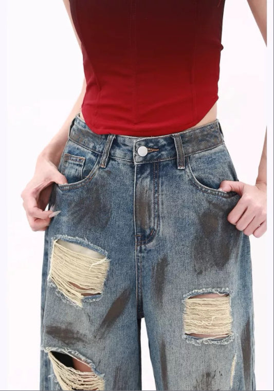 아메리칸 스타일 디스트로이드 데님 팬츠