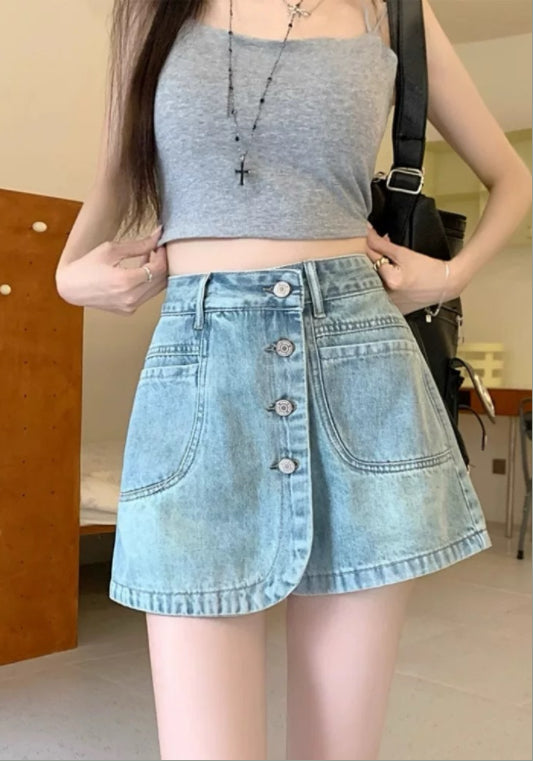 사선 버튼 데님 반바지