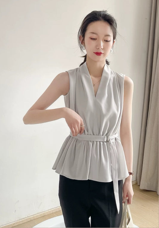 민소매 V넥 허리 조절 탑