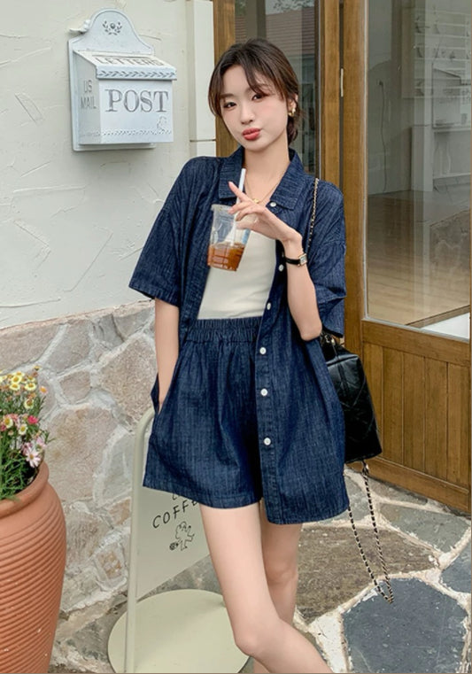 크롭 데님 자켓+쇼츠 세트업