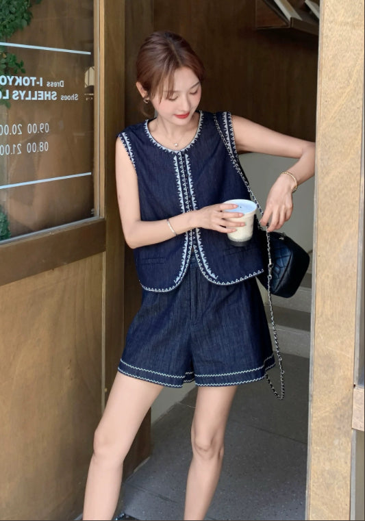 자수 데님 투피스