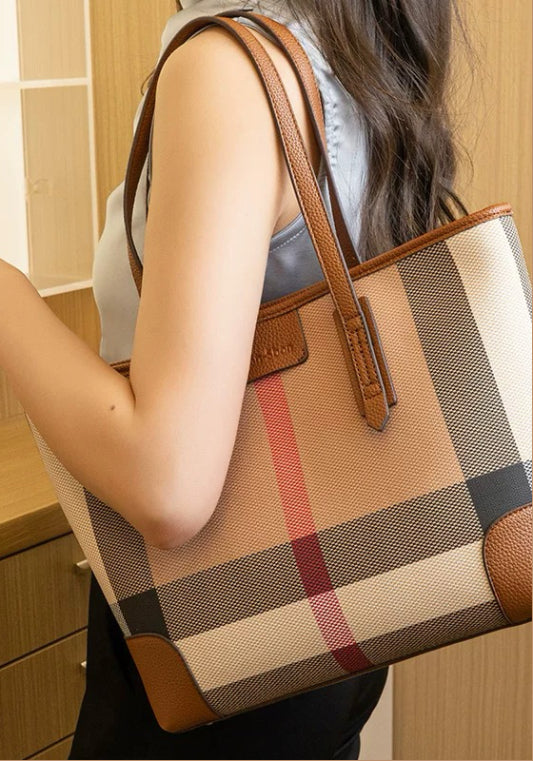 배색 체크 토트백