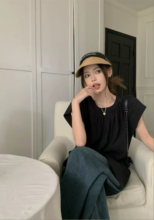 블랙 러플 소매 루즈핏 탑