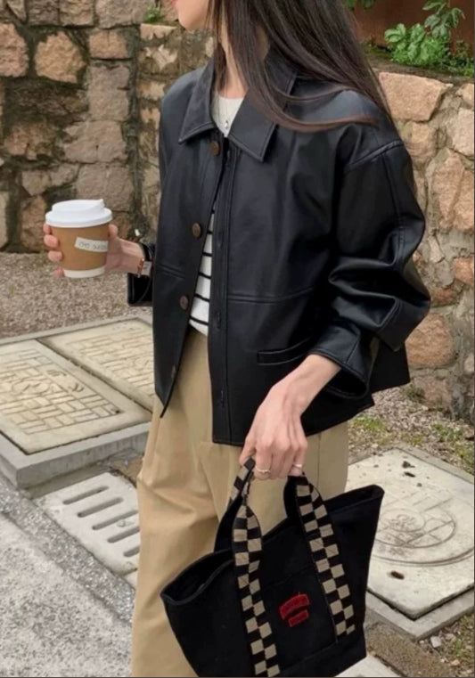 블랙 PU 가죽 자켓