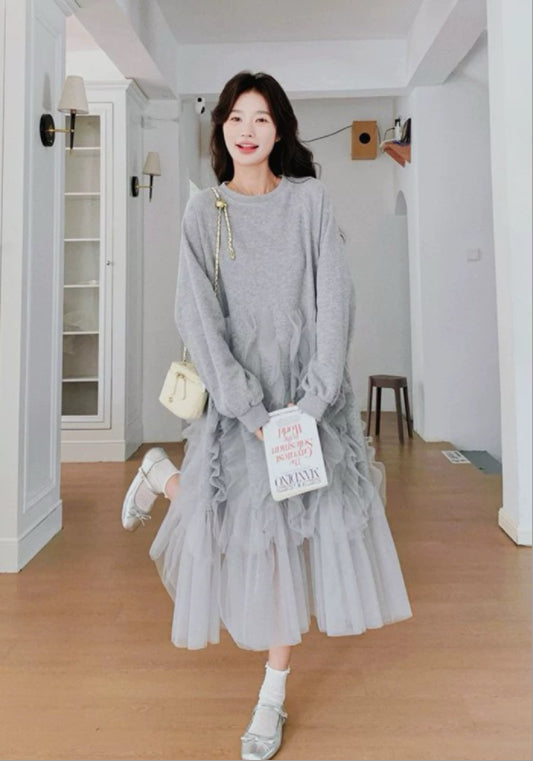 메쉬 배색 맨투맨 원피스