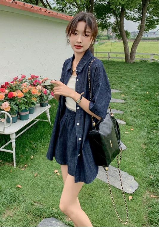 크롭 데님 자켓+쇼츠 세트업