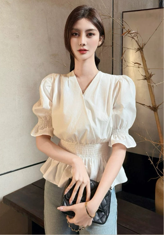 퍼프소매 허리 조절 셔츠