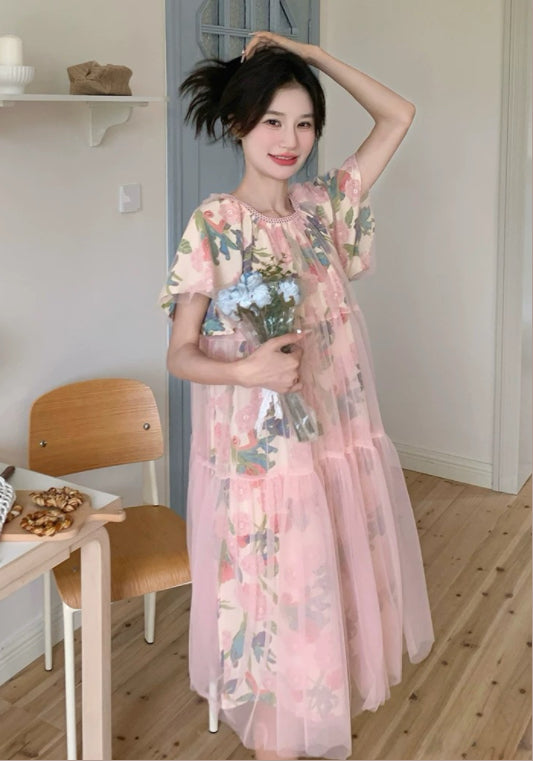 메쉬 플라워 패턴 원피스