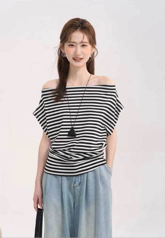 스트라이프 오프숄더 탑