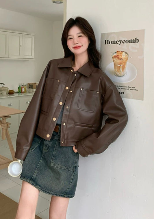 브라운 PU 가죽 자켓