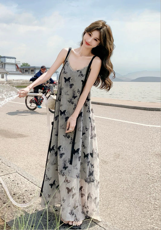 버터플라이 슬리브리스 원피스