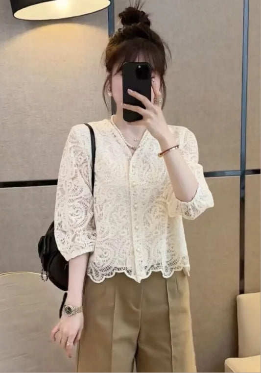 레이스 7부 소매 블라