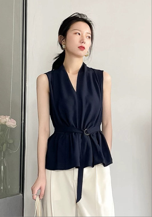 민소매 V넥 허리 조절 탑