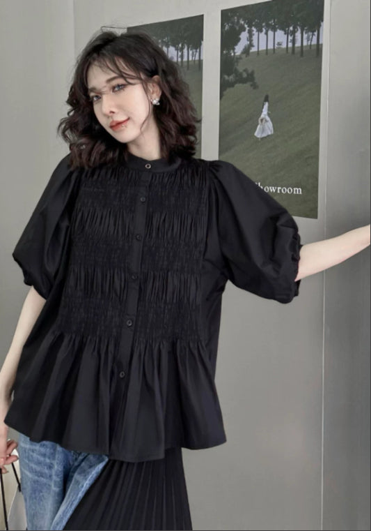 퍼프소매 셔링 블라우스