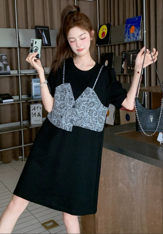 블랙 레이어드 스타일 티셔츠 원피스