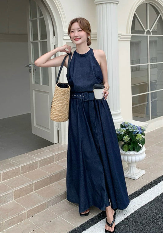 홀터넥 데님 스커트