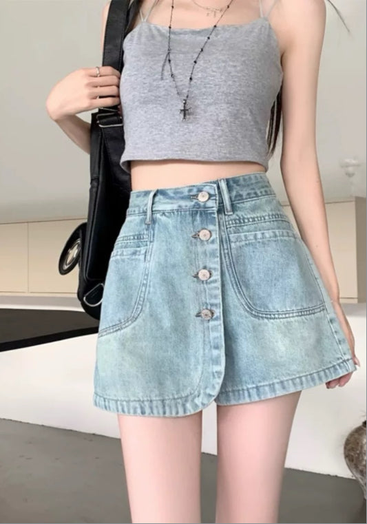 사선 버튼 데님 반바지