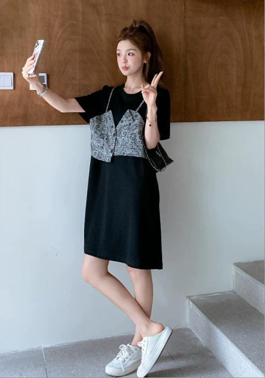 블랙 레이어드 스타일 티셔츠 원피스