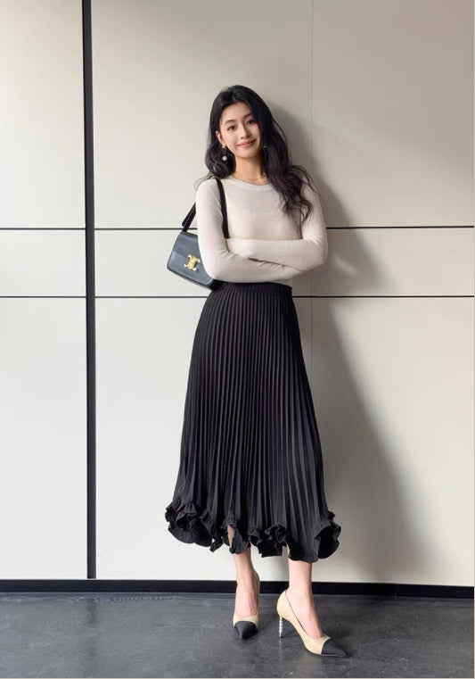 러플 플리츠 롱 스커트