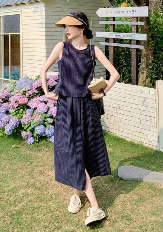 스트라이프 민소매 세트업