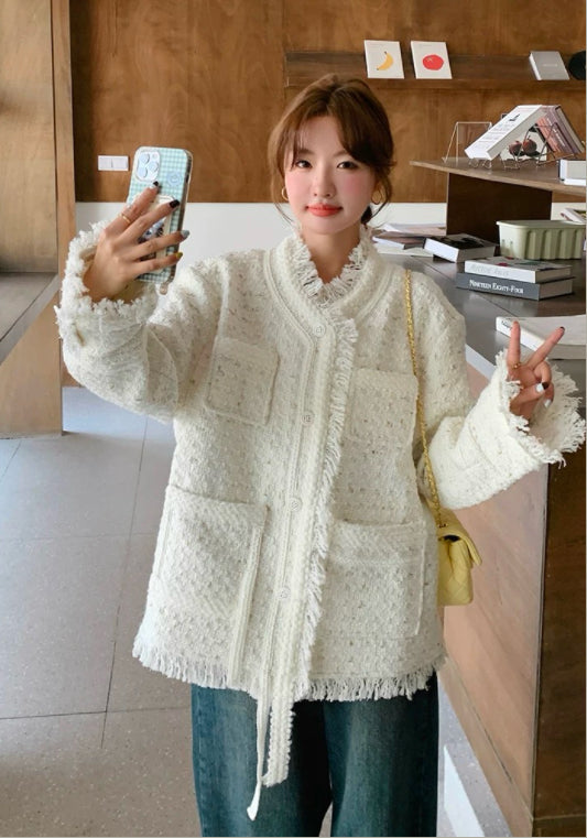 아이보리 트위드 스타일 술 장식 자켓