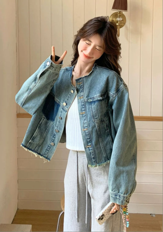 배색 데님 자켓