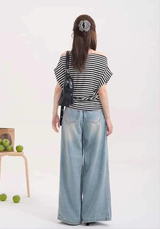 스트라이프 오프숄더 탑