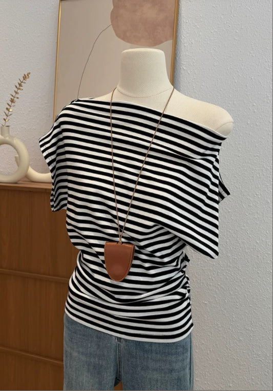 스트라이프 오프숄더 탑