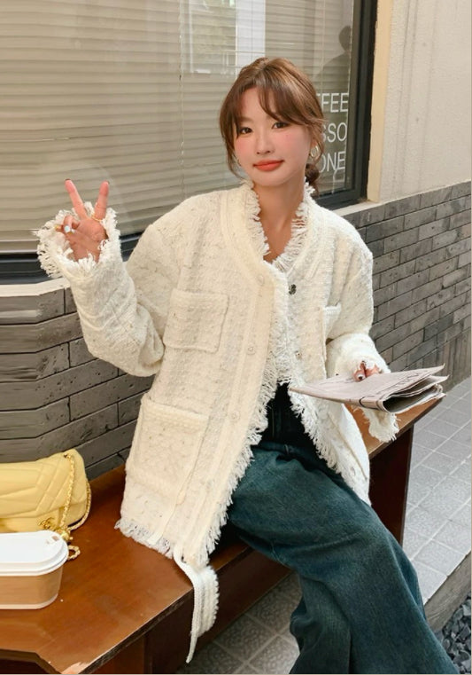 아이보리 트위드 스타일 술 장식 자켓