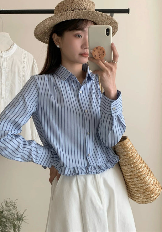 스트라이프 레이스 셔츠